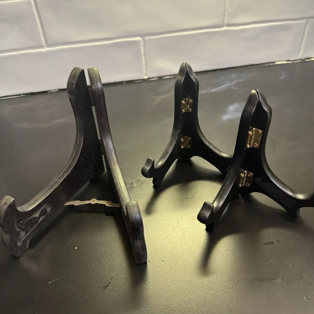 Three Hinged Easel Plate Holders Wooden Folding 5‎ in & 5.5 in       #0136